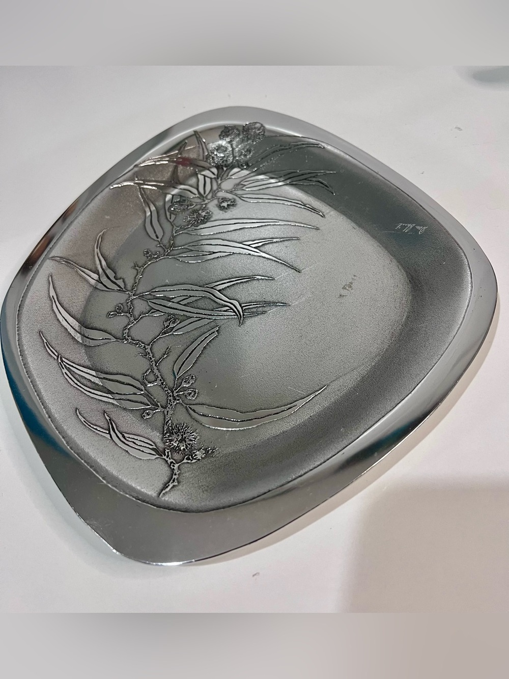 Vintage Don Sheil Australia 1996 Etched Aluminum Dish Plate Eucalyptus Handcraft